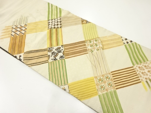 アンティーク着物 ] - 袋帯 アンティーク 斜め格子に草花模様刺繍昼夜
